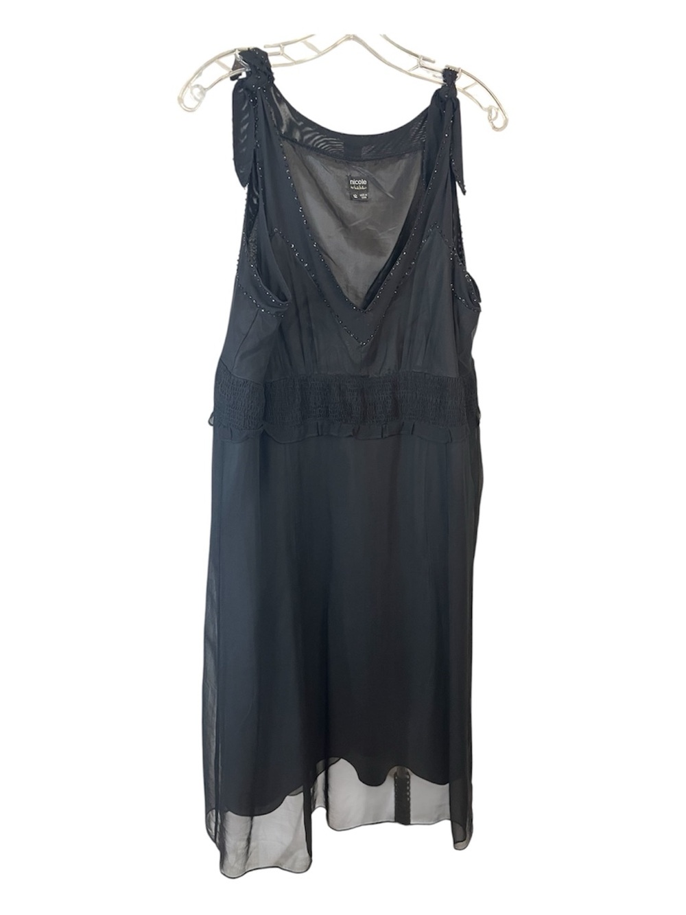 Nicole by Nicole Miller Silk Whimsygoth Black Beaded Tie-Shoulder Mini Dress